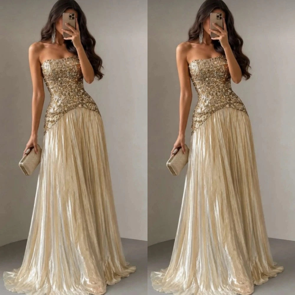 Gold Sequin Women's Evening Gown Shiny Pleated Long Party Dress Formal Prom Gown