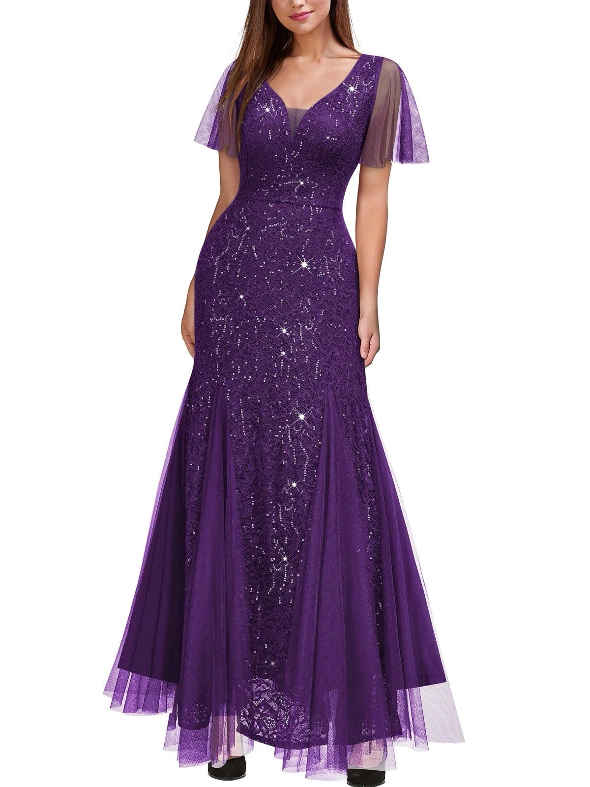 Women’s Large Sequin Lace Tulle Sweetheart Neck Evening Gown Dress.