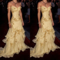 Yellow Off Shoulder Evening Gown Gold Lace Embroidery Tiered Formal Party Dress