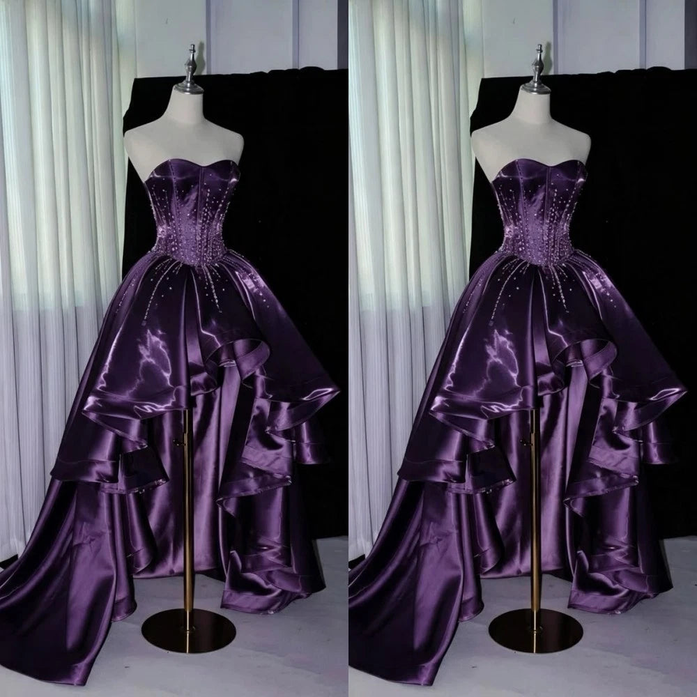 Elegant Purple Satin Prom Dress Off Shoulder High Low Beaded Formal Evening Gown