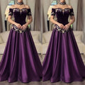 Purple Velvet Satin Evening Gown Floral Embroidery Formal Prom Party Long Dress