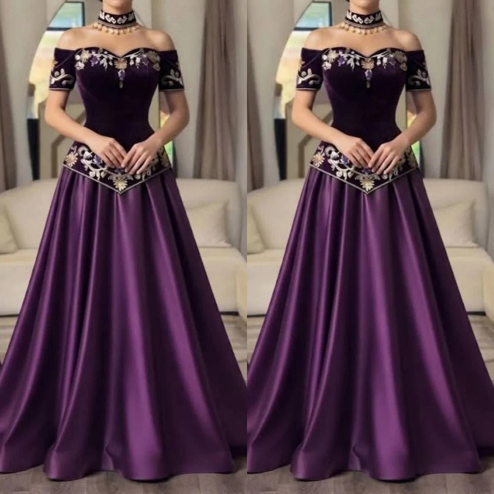 Purple Velvet Satin Evening Gown Floral Embroidery Formal Prom Party Long Dress